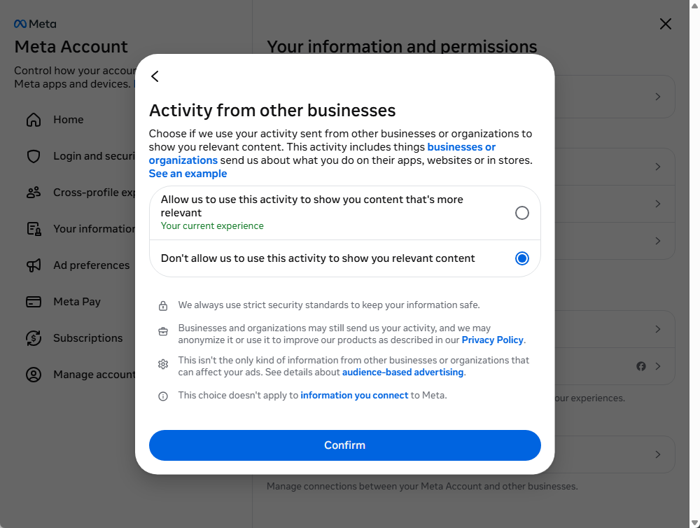 Activity from other businesses - Facebook