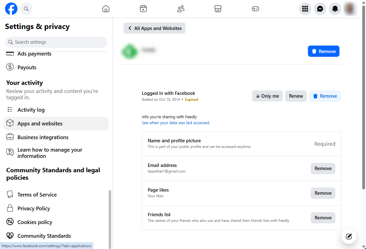Facebook connected app details showing shared information and permissions