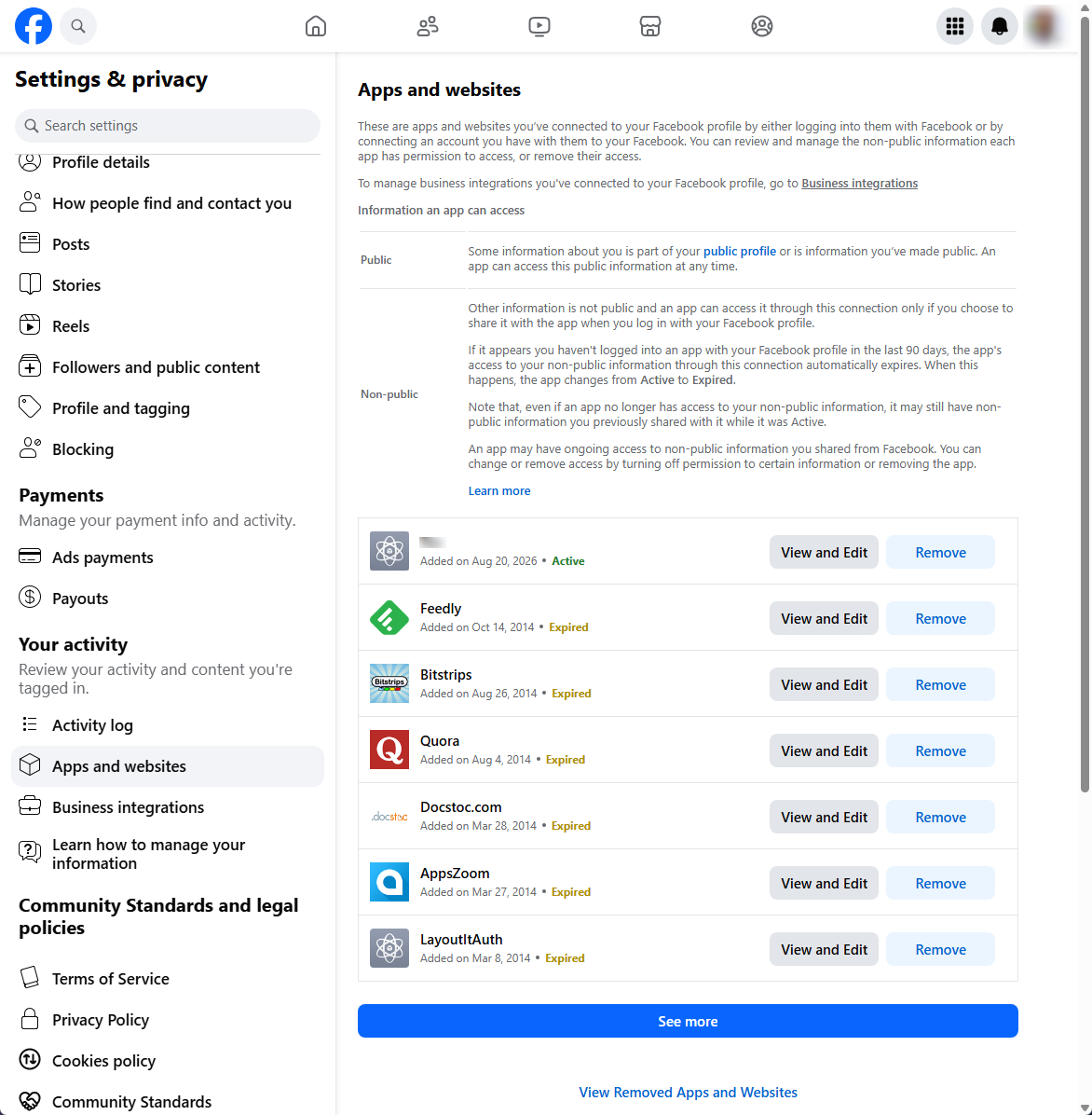 List of apps and websites connected to a Facebook account
