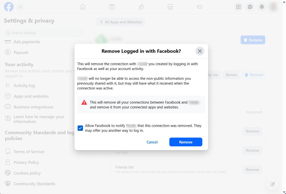 Facebook confirmation window for removing a connected app