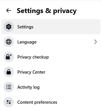 Settings option in the Facebook Settings and privacy menu