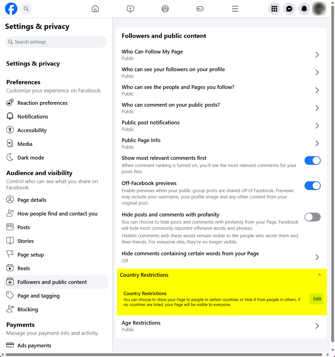 Facebook Country Restrictions Setting